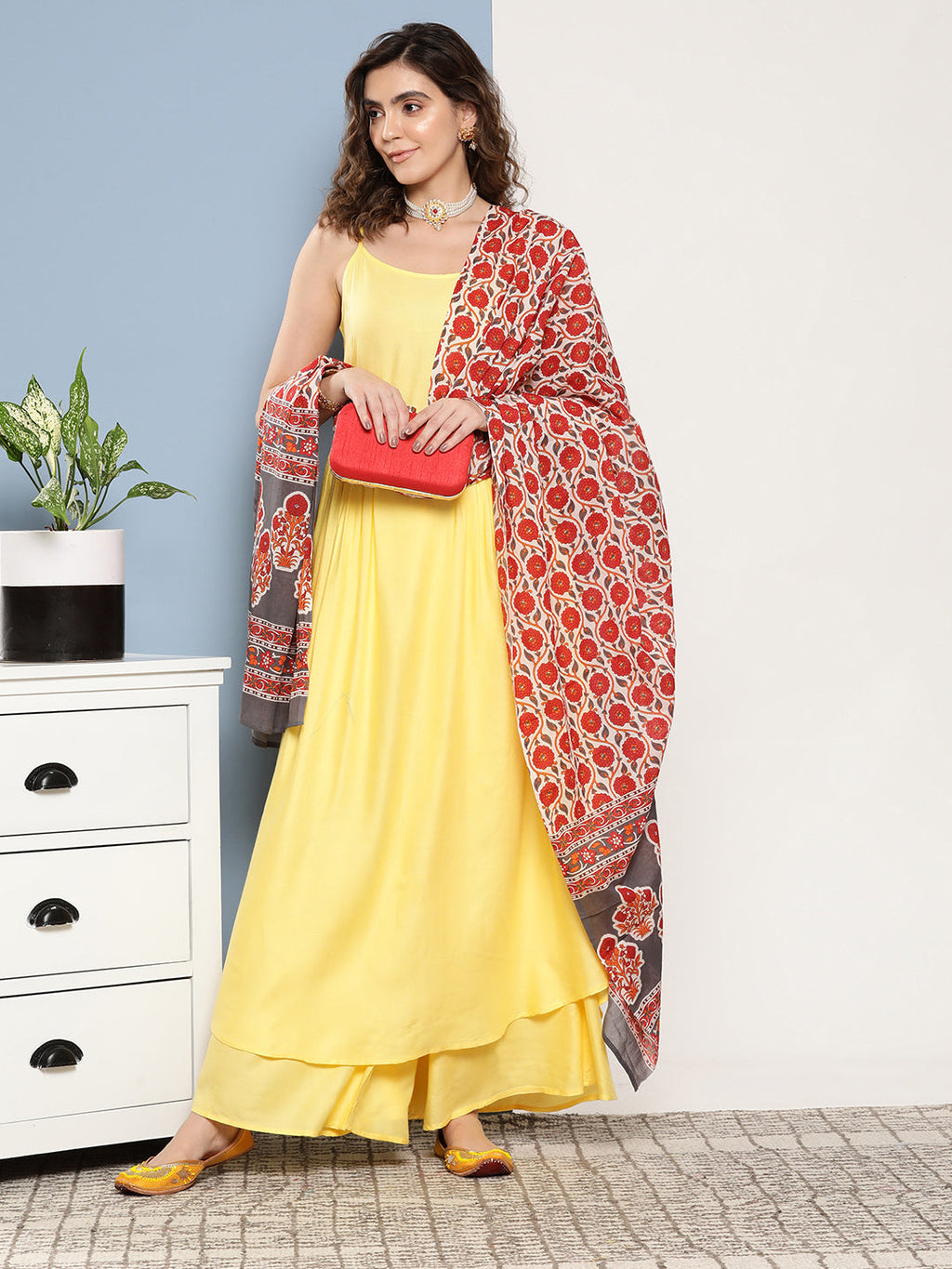 InWeave Women's Light Yellow Ray Strappy Set With Orange Floral Cotton Dupatta | Grocsy