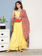 InWeave Women's Light Yellow Ray Strappy Set With Orange Floral Cotton Dupatta | Grocsy