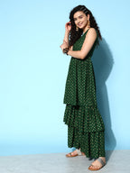 InWeave Women's Forest Green Gold Print Tiered Sharara Set | Grocsy