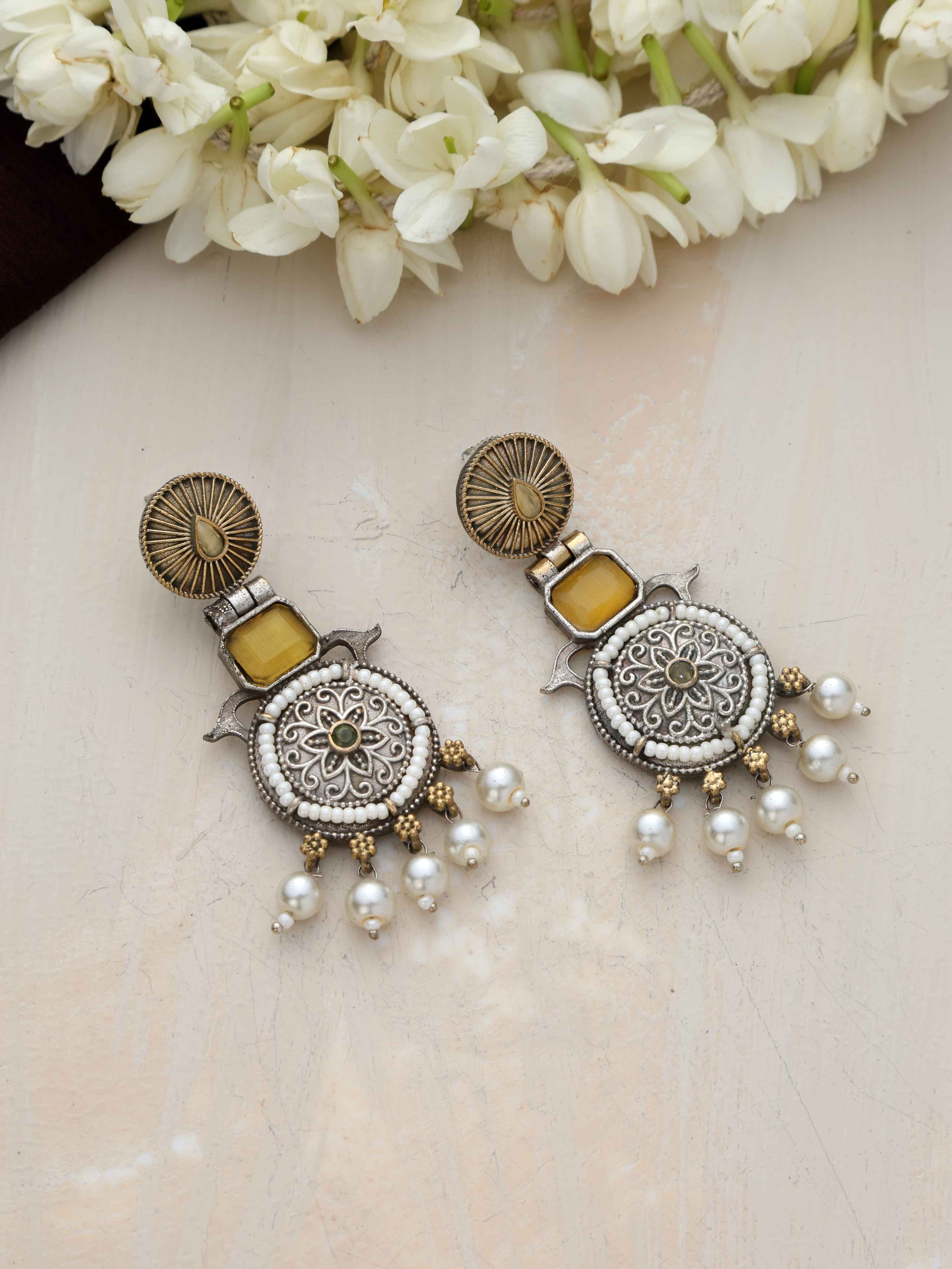trueBrowns Silver Gold Tone Meenakari Pearl Drop Earrings | Grocsy