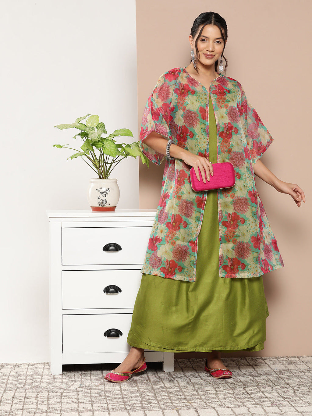 InWeave Women's Olive Green Strappy Set With Pink Green Floral Cape | Grocsy