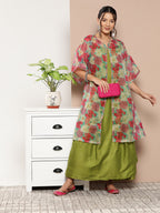 InWeave Women's Olive Green Strappy Set With Pink Green Floral Cape | Grocsy