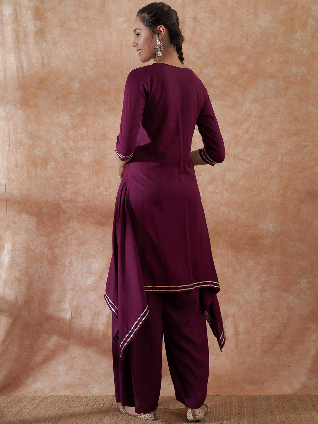 InWeave Women's Burgundy Emb Assymetrical Kurta Pant Set | Grocsy