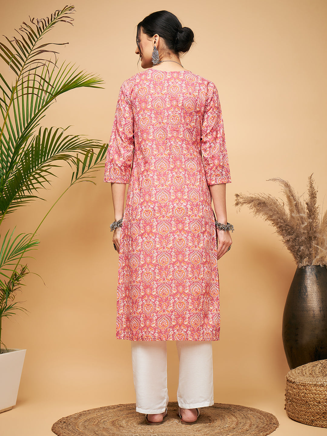 InWeave Women's Dusty Pink Paisley Patch Straight Kurta Pant Set | Grocsy