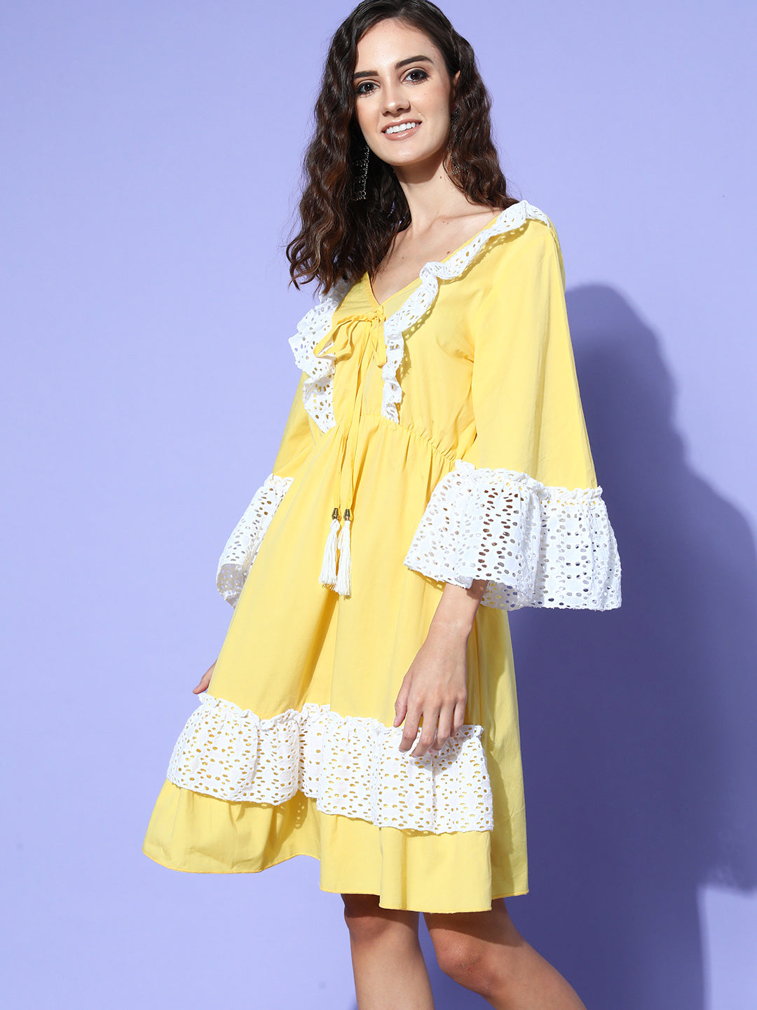InWeave Women's Yellow Lacy Short Dress | Grocsy
