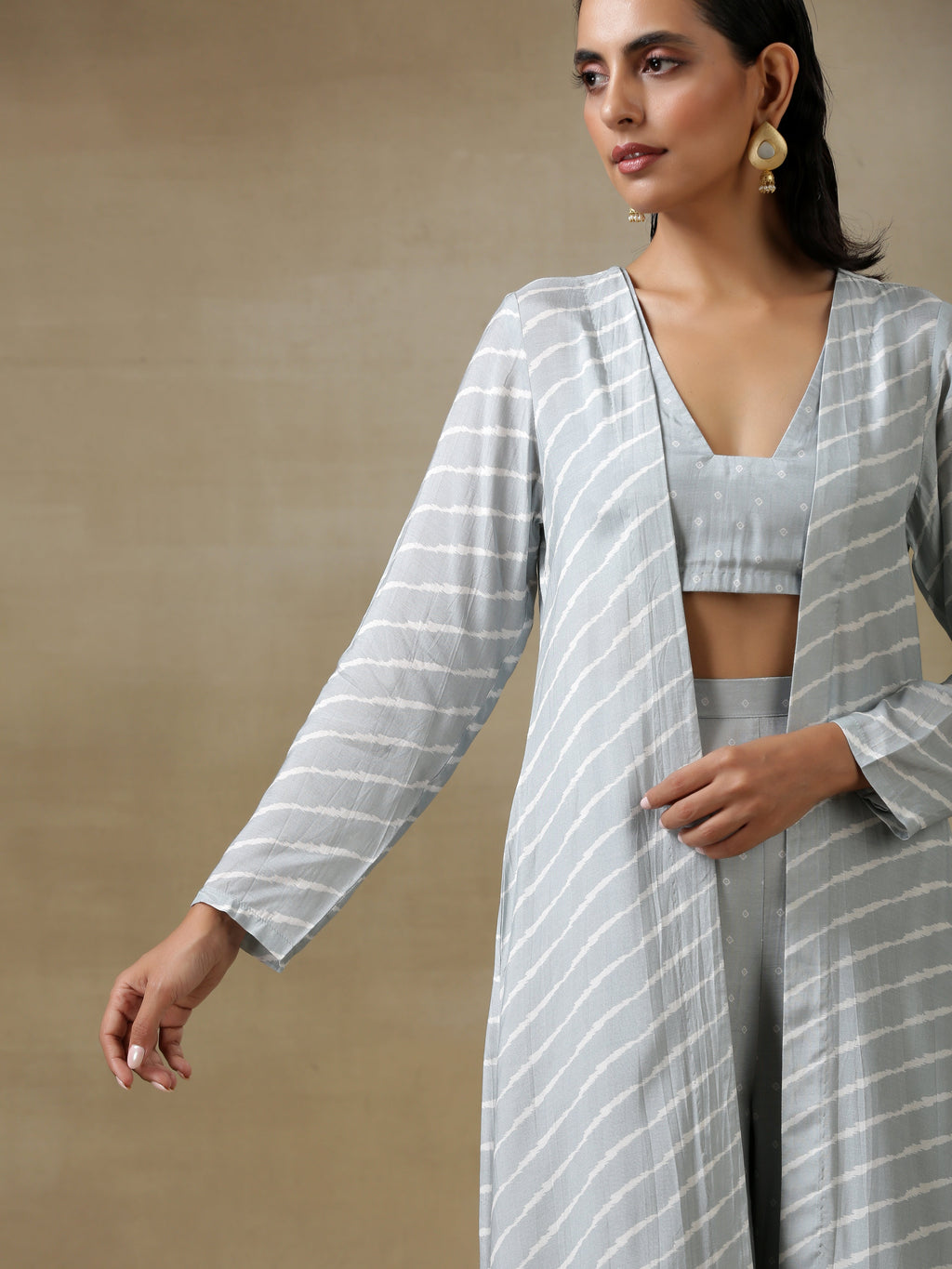 trueBrowns Grey Bandhani Printed Silk Overlay Jacket Blouse Pant Set | Grocsy