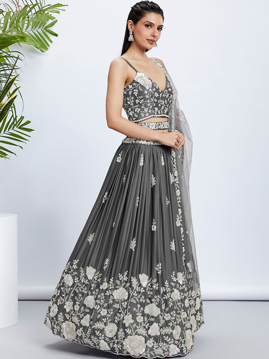 House of Panchhi Navy Blue Georgette Sequins, Mirror And Thread Embroidery Lehenga Choli & Dupatta | Grocsy