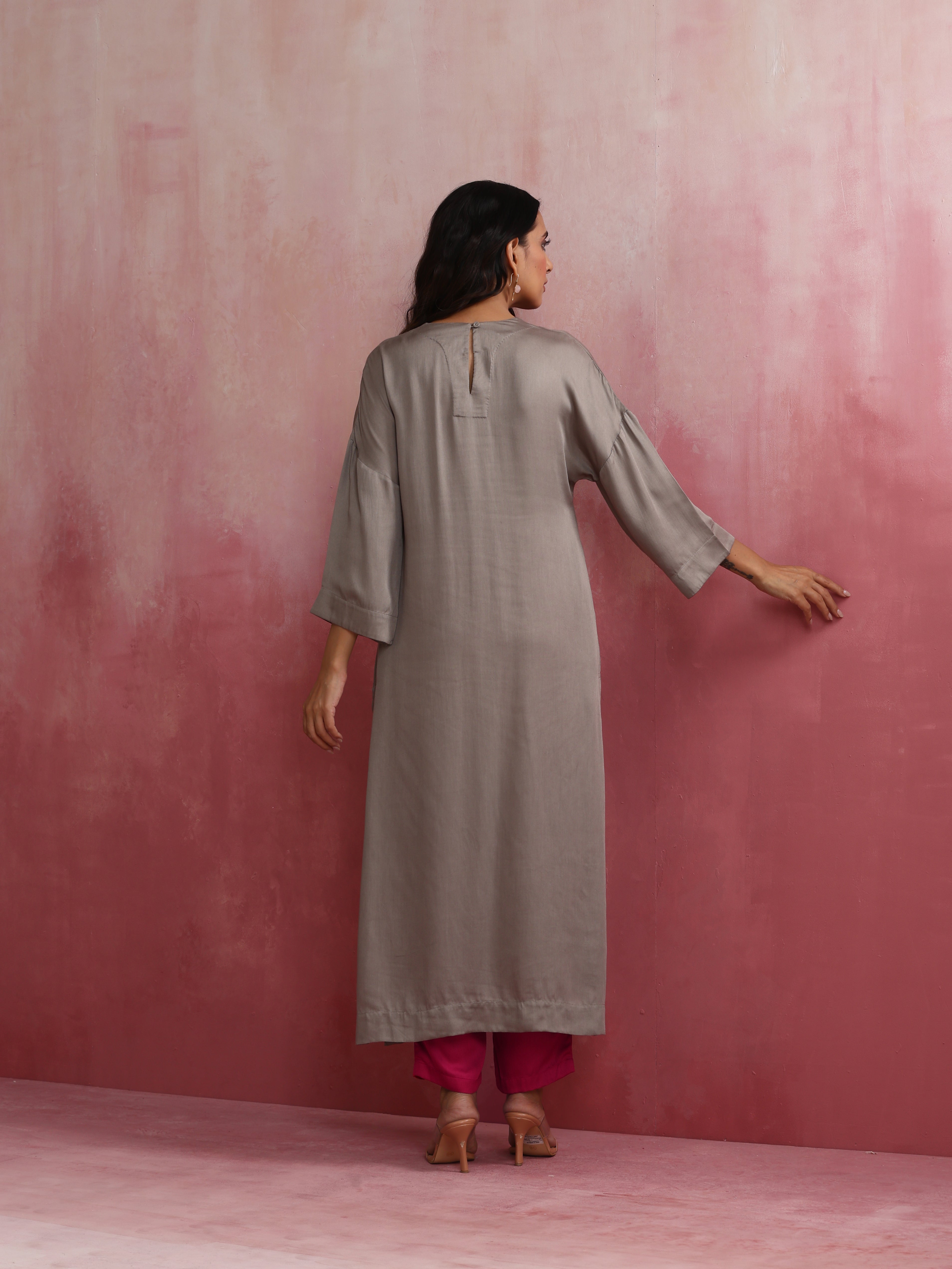 trueBrowns Grey High Slit Modal Kurta Set | Grocsy