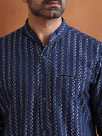 trueBrowns Men's Blue Cotton Dobby Kurta | Grocsy