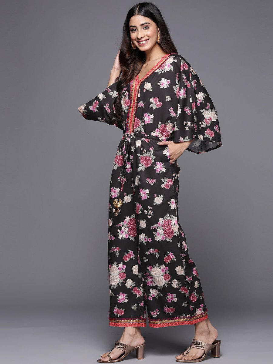 Ahalyaa Printed Crepe Basic Jumpsuit With Lace Inserts | Grocsy