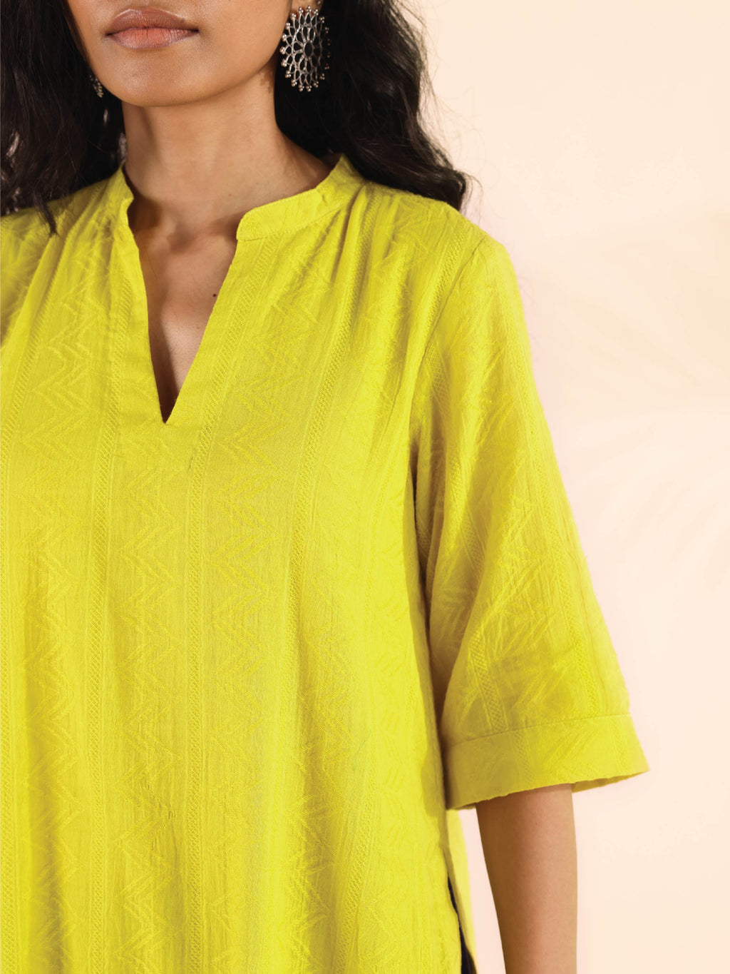 trueBrowns Lime Cotton Dobby High-Low Kurta Pant Set | Grocsy