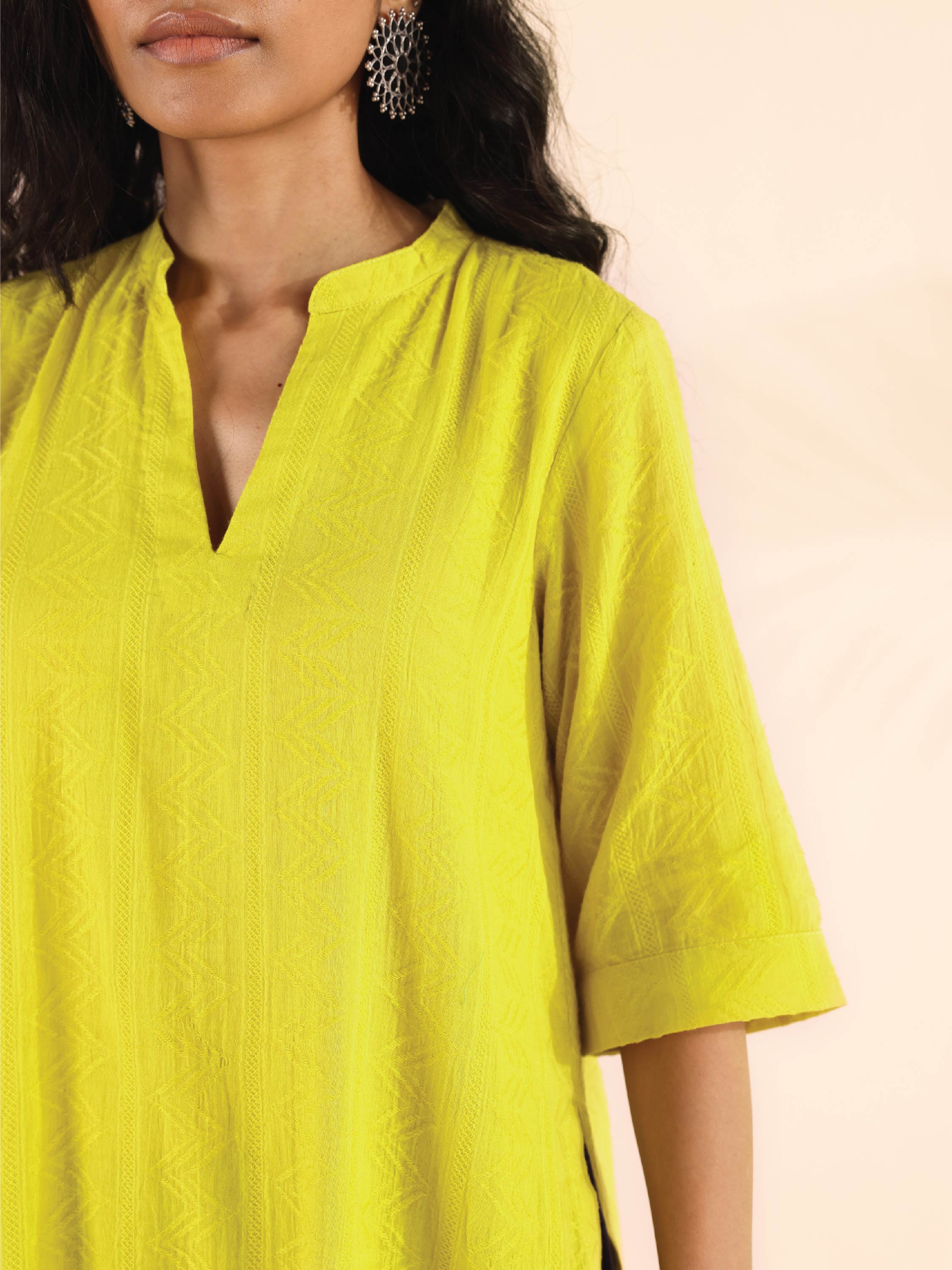 trueBrowns Lime Cotton Dobby High-Low Kurta Pant Set | Grocsy