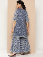 KSUT (House of Varanga) Indigo And White Floral Printed Flared Kurta Sharara Set | Grocsy