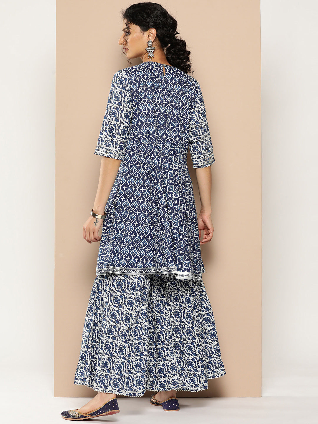 KSUT (House of Varanga) Indigo And White Floral Printed Flared Kurta Sharara Set | Grocsy