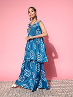 InWeave Women's Blue Bandhani Motif Shoulder Tie Up Kurta Set | Grocsy