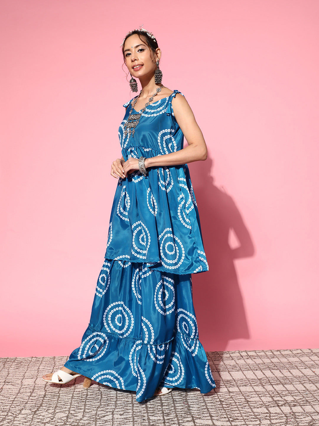 InWeave Women's Blue Bandhani Motif Shoulder Tie Up Kurta Set | Grocsy