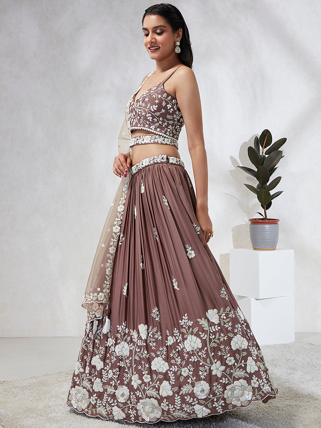 House of Panchhi Rose Gold Pure Georgette Sequins And Thread Embroidery Lehenga Choli & Dupatta | Grocsy
