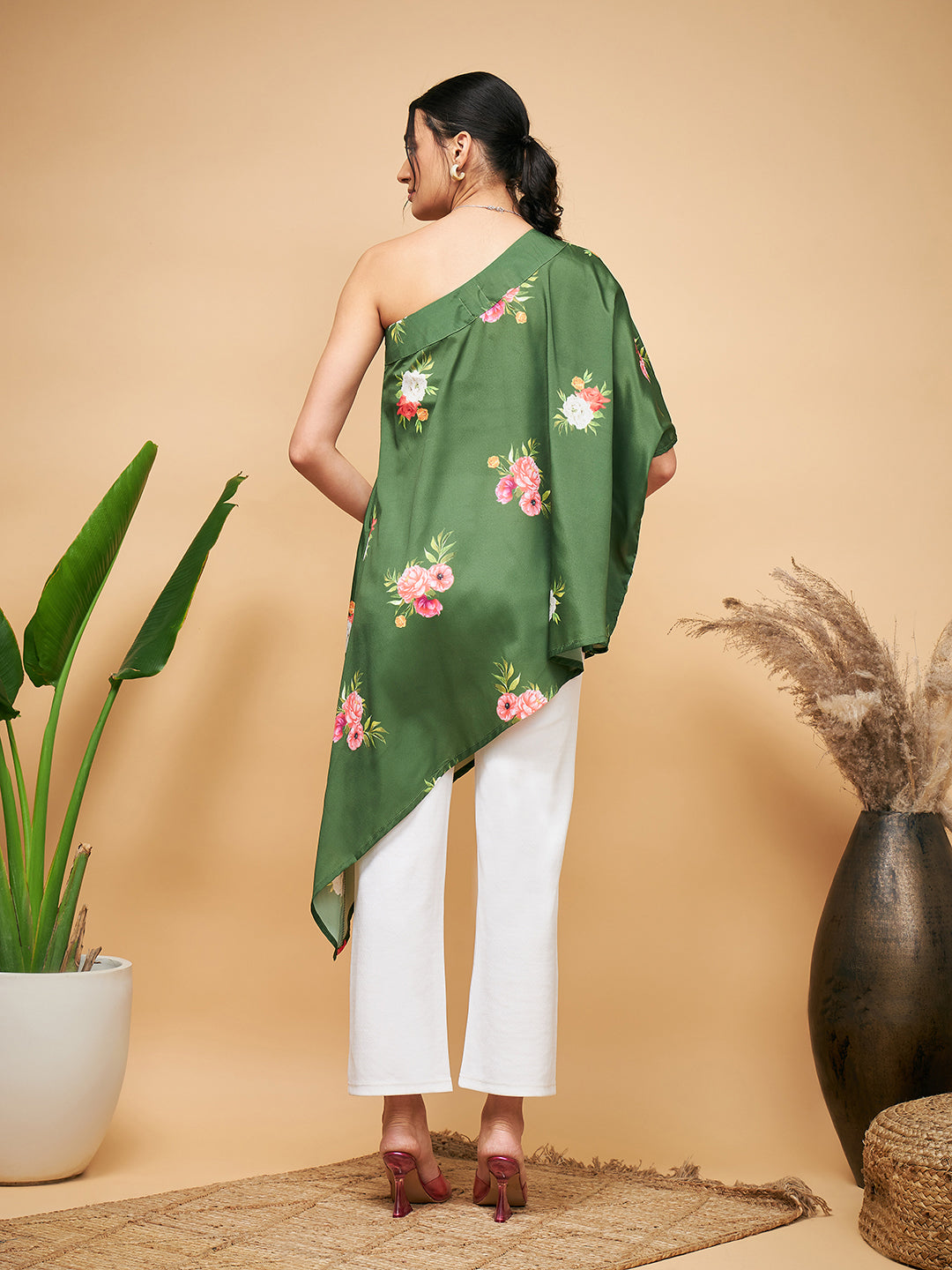 InWeave Women's Green Small Flower One Shoulder Kurta | Grocsy