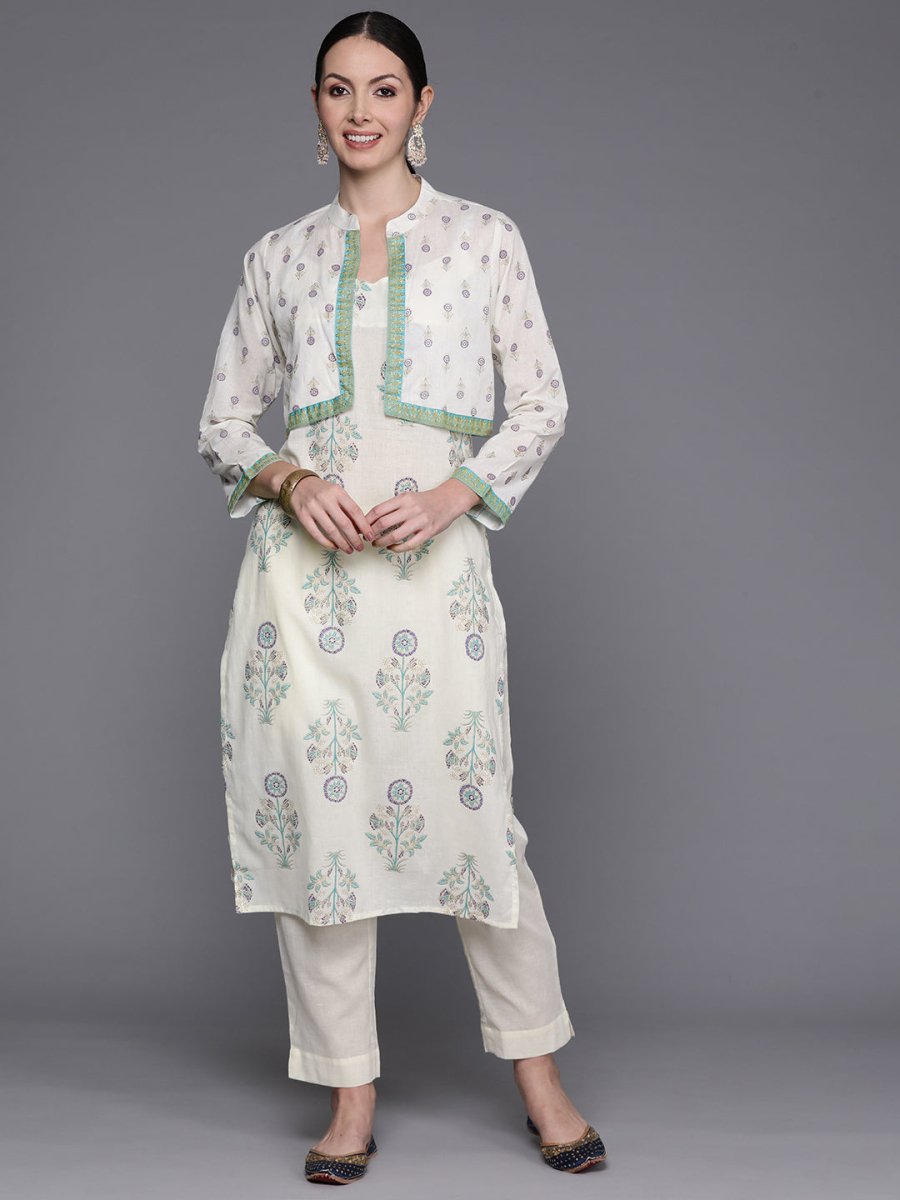 Ahalyaa Floral Printed Regular Pure Cotton Kurta with Trousers & Jacket | Grocsy