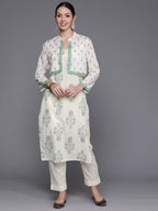 Ahalyaa Floral Printed Regular Pure Cotton Kurta with Trousers & Jacket | Grocsy