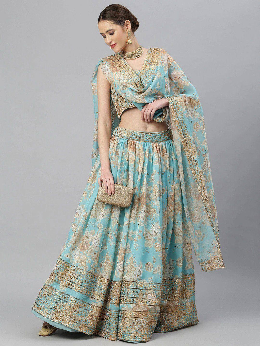 Tulsi Art Blue & Peach-Coloured Embellished Sequin Myntra Lehenga & Unstitched Blouse | Grocsy