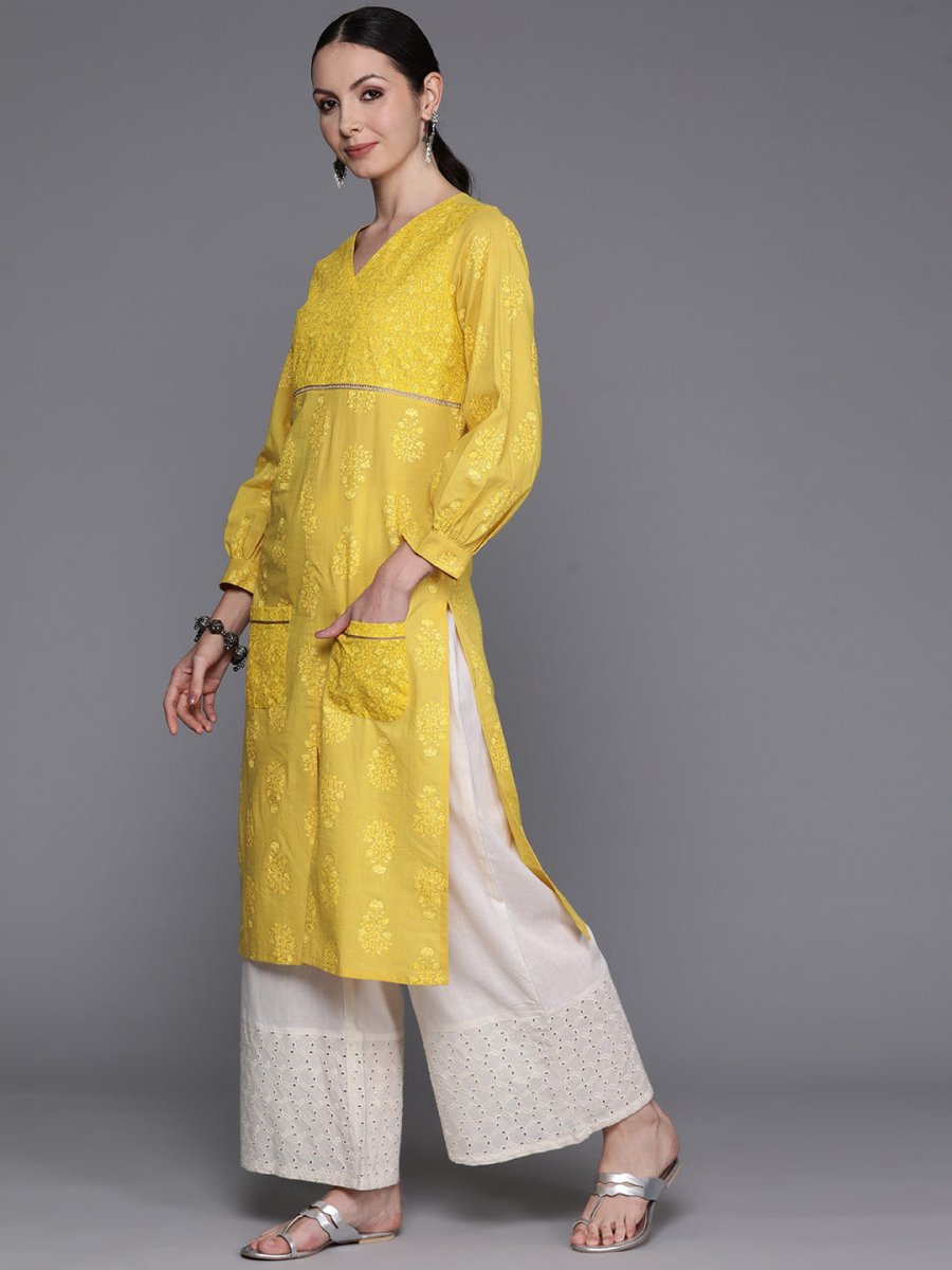 Ahalyaa Ethnic Motifs Printed Puff Sleeves Gotta Patti Kurta | Grocsy