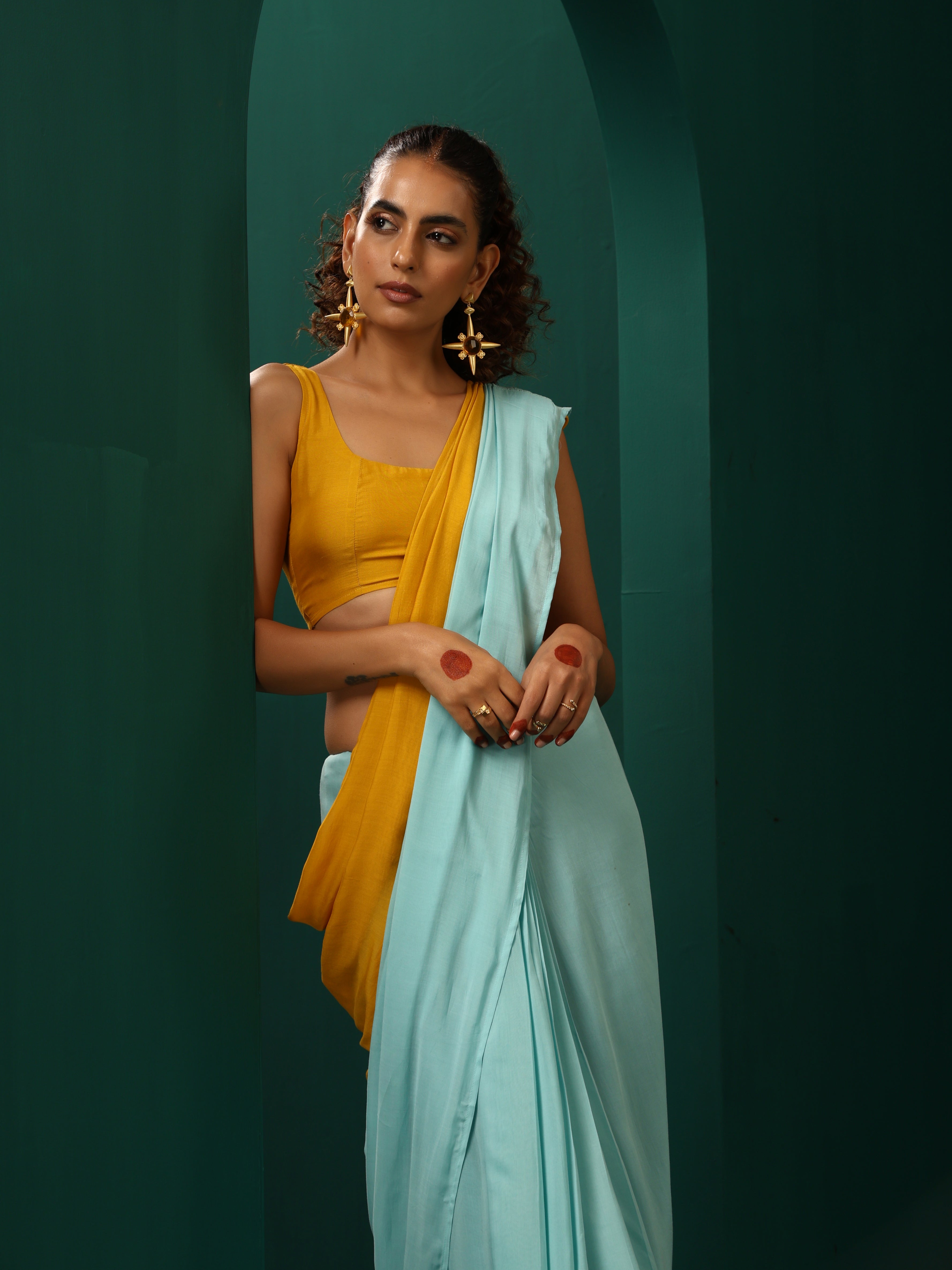 trueBrowns Blue Mustard Muslin Silk Ready to Wear Saree | Grocsy