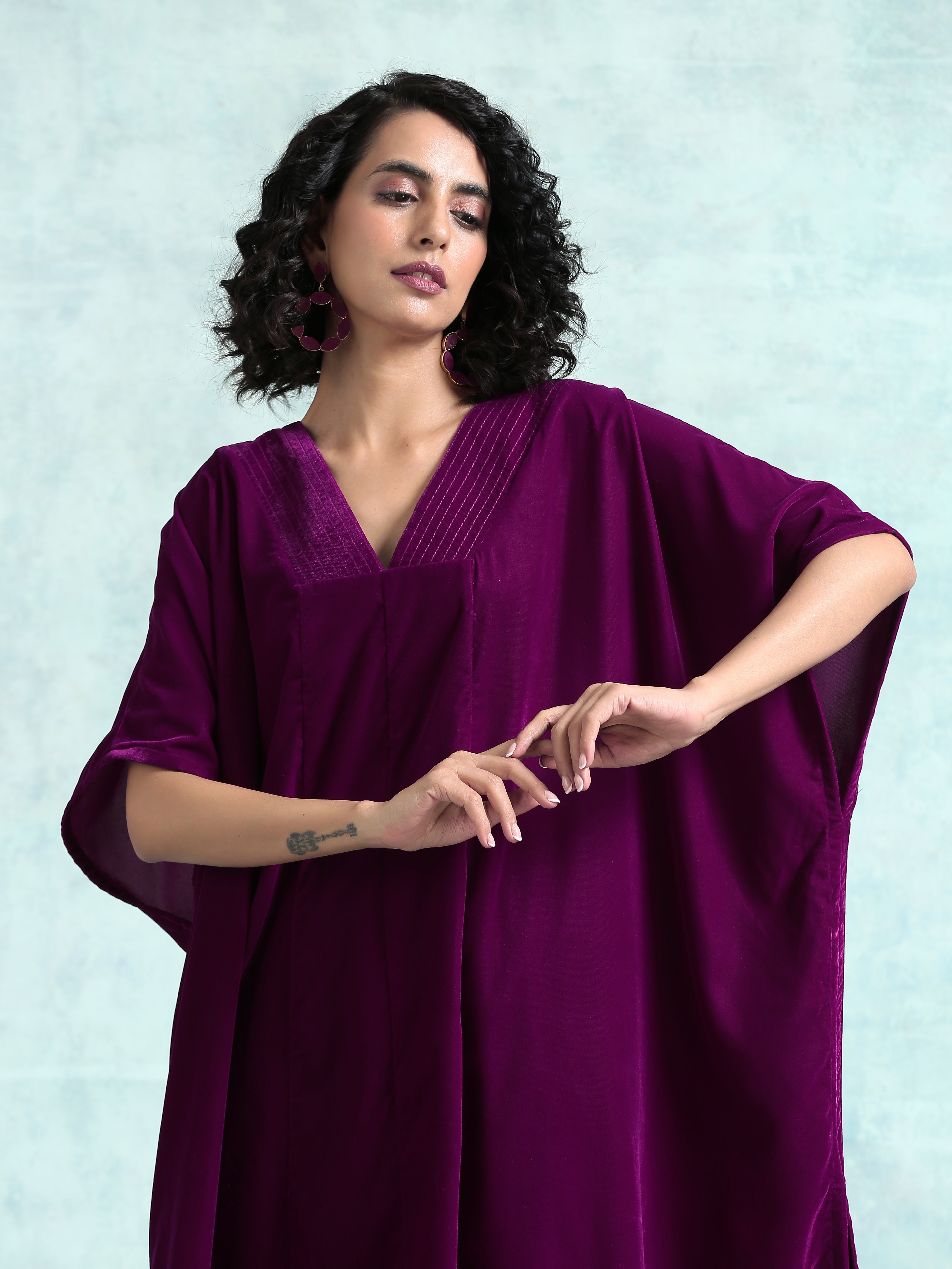 trueBrowns Wine Velvet Kaftan Kurta | Grocsy