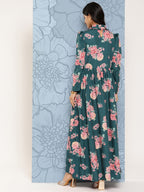 Ahalyaa Floral Print Puff Sleeves Tie-Up Neck Crepe Ethnic Gown With Cut-Out Detail | Grocsy