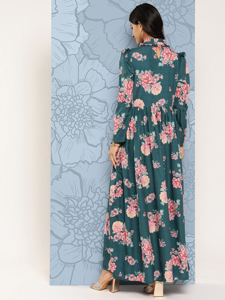 Ahalyaa Floral Print Puff Sleeves Tie-Up Neck Crepe Ethnic Gown With Cut-Out Detail | Grocsy