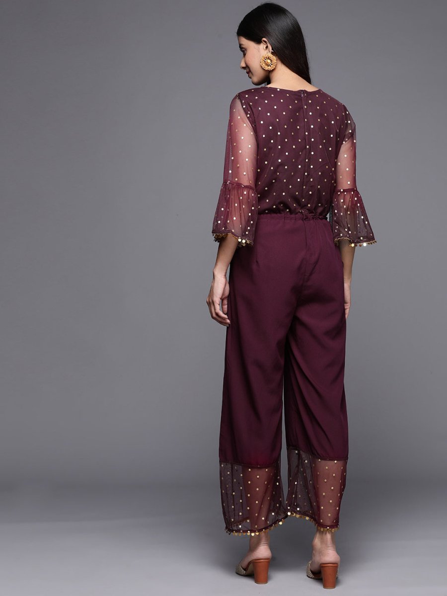 Ahalyaa Printed Bell Sleeves Crepe Basic Jumpsuit With Waist Tie-Ups | Grocsy