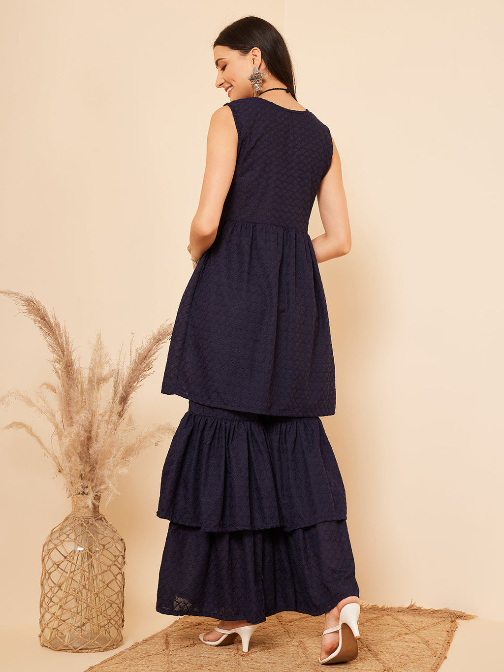 InWeave Women's Navy Blue Lace Work Double Layer Sharara Set | Grocsy