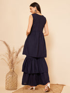 InWeave Women's Navy Blue Lace Work Double Layer Sharara Set | Grocsy