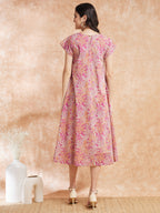 InWeave Women's Pink Coral Floral Print A Line Dress | Grocsy