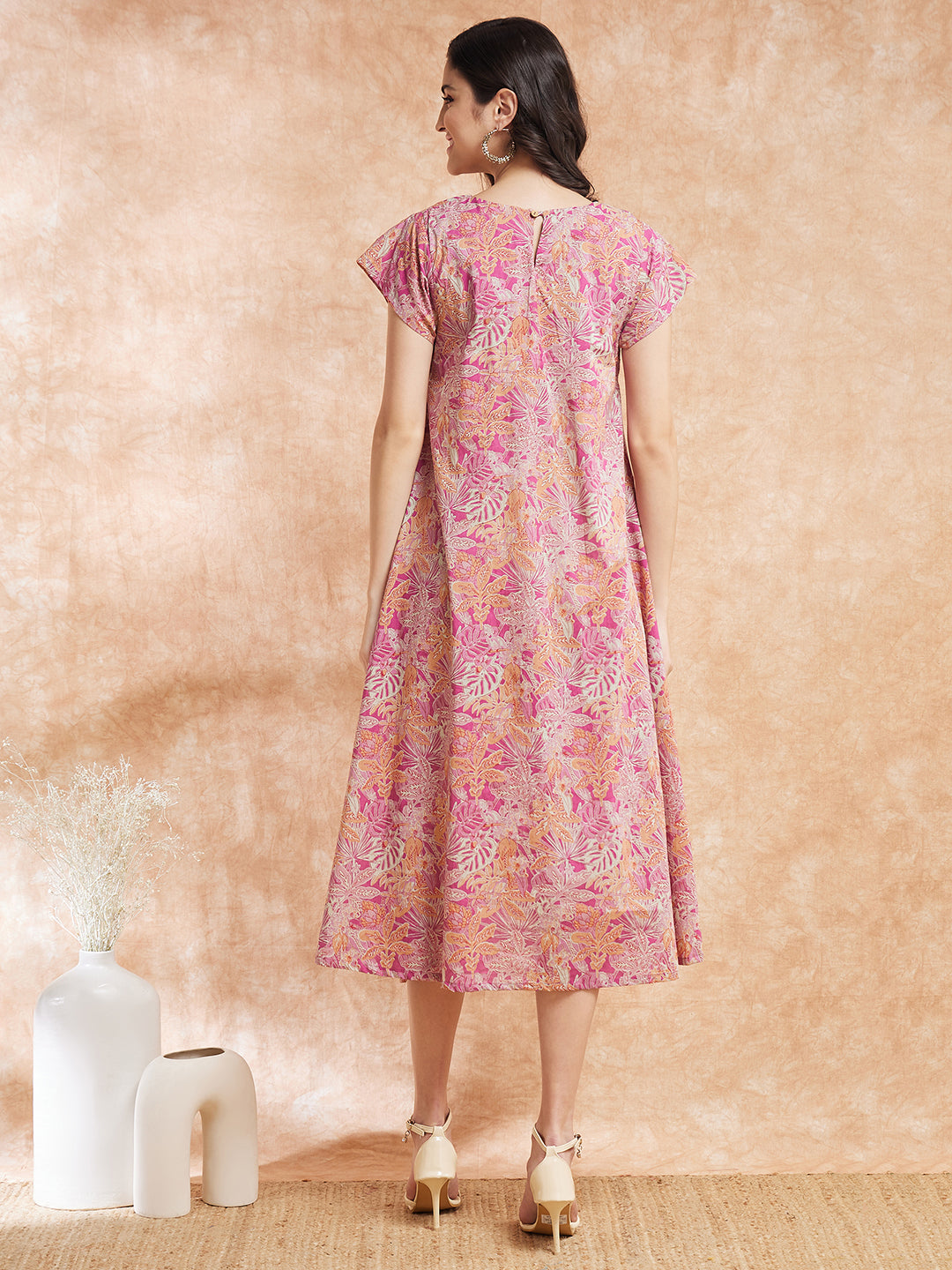 InWeave Women's Pink Coral Floral Print A Line Dress | Grocsy
