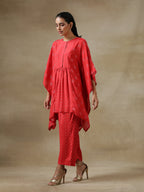 trueBrowns Red Bandhani Printed Silk Kaftan Gathered Co-Ord Set | Grocsy