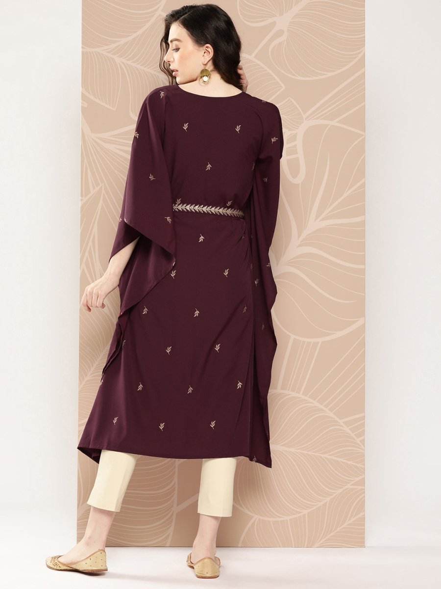 Ahalyaa Women Floral Printed Flared Sleeves Belted Detail Crepe Kaftan Kurta | Grocsy