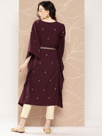 Ahalyaa Women Floral Printed Flared Sleeves Belted Detail Crepe Kaftan Kurta | Grocsy