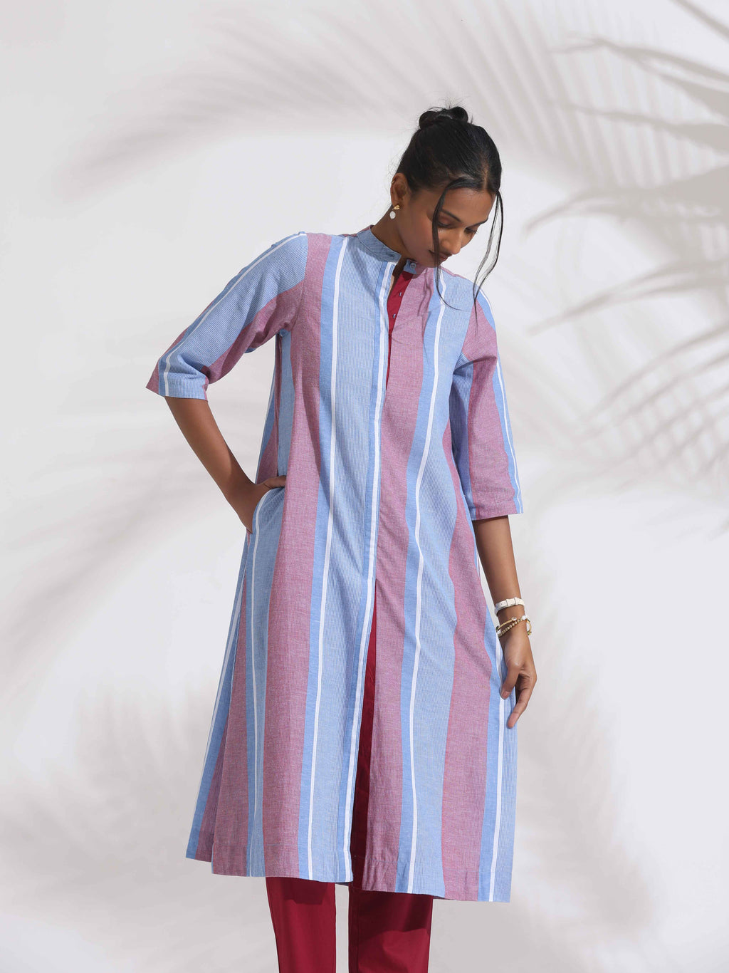 trueBrowns Blue Cotton Stripe Straight Kurta Set | Grocsy