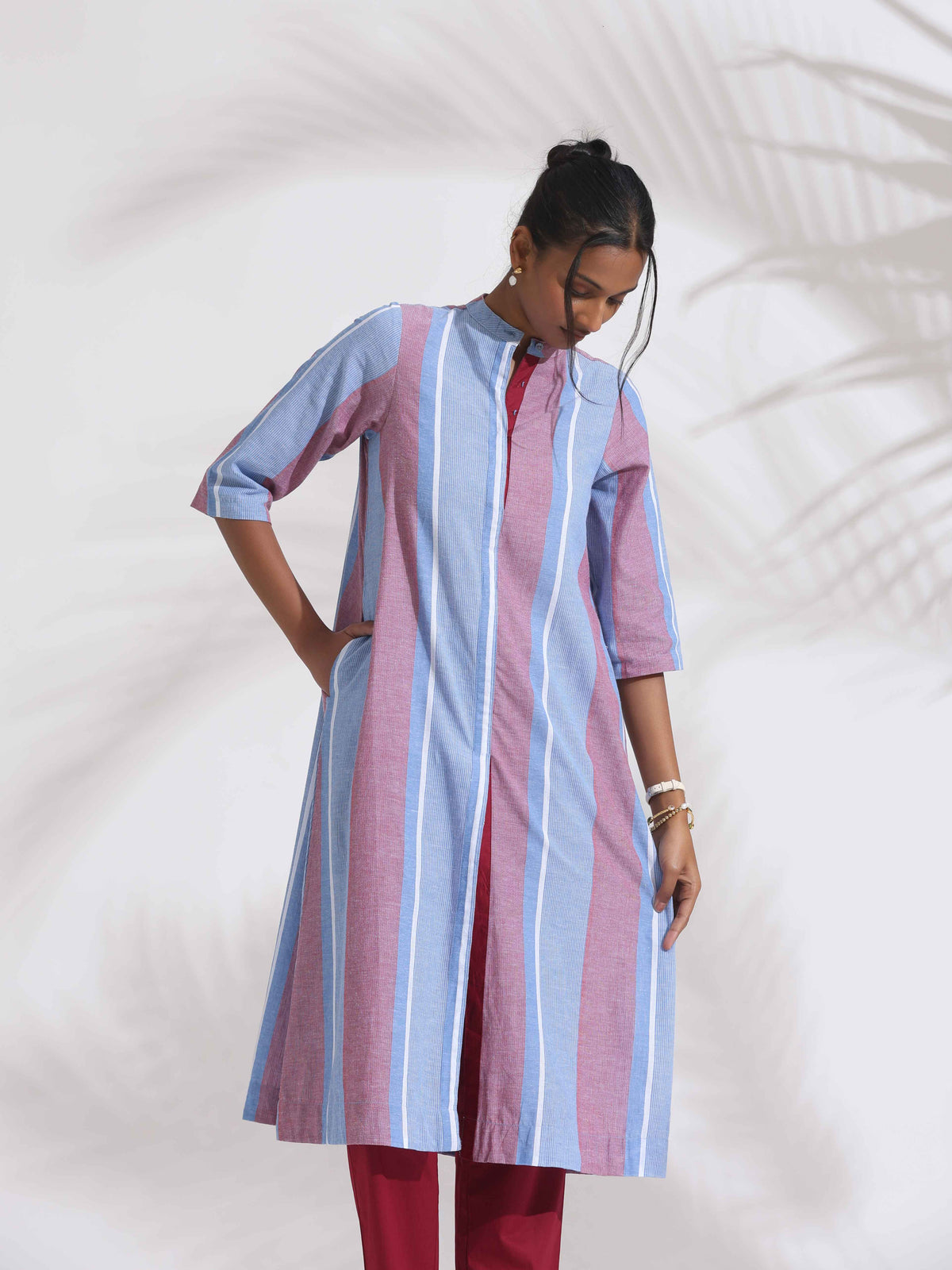 trueBrowns Blue Cotton Stripe Straight Kurta Set | Grocsy