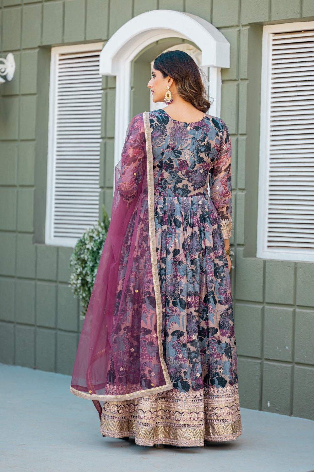 Anaita Grey Tabby Silk Stitched Anarkali Suit With Thread & Sequence Work | Grocsy