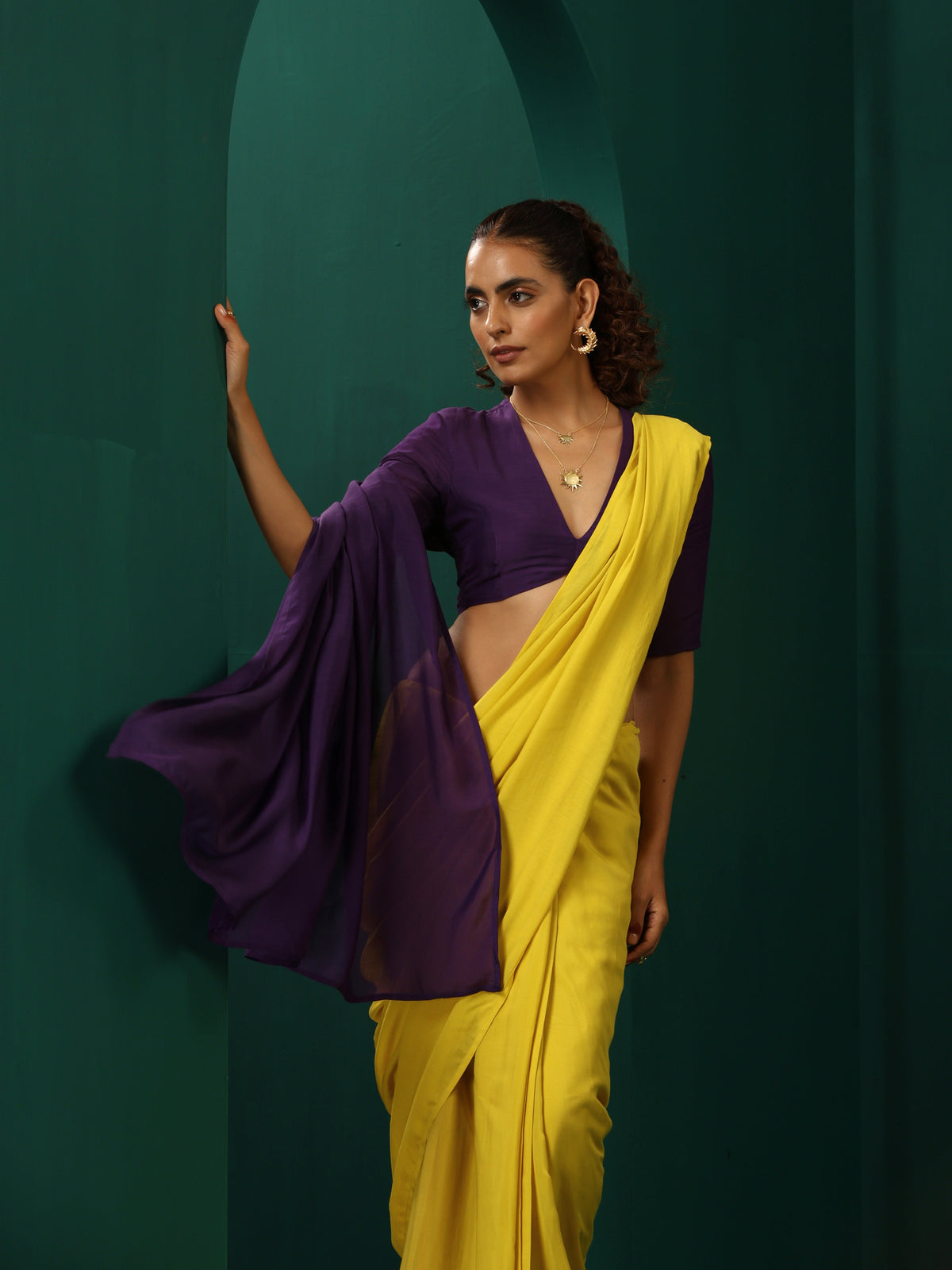trueBrowns Yellow Purple Muslin Silk Ready to Wear Saree | Grocsy