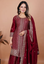 Yash Enterprise Maroon Chinon Silk Party Wear Embroidery Suit Set | Grocsy