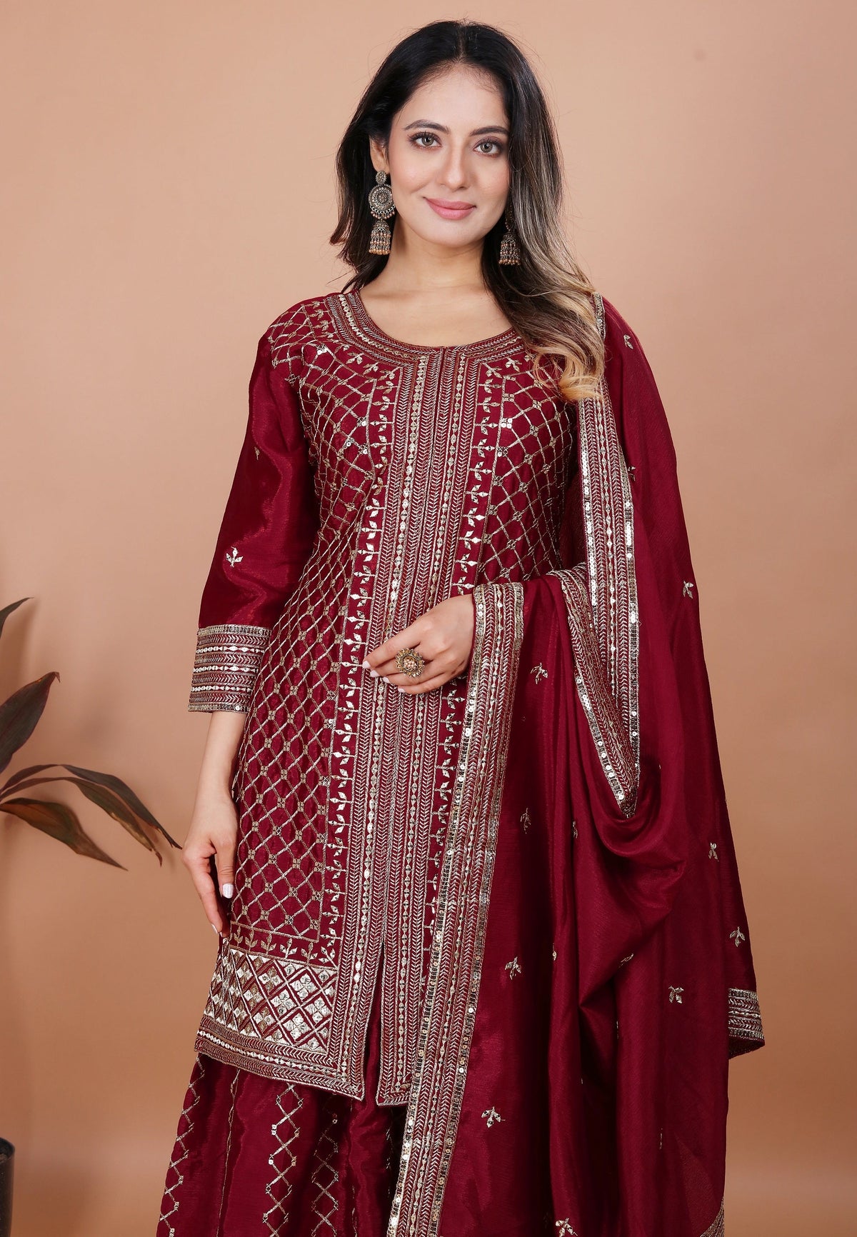 Yash Enterprise Maroon Chinon Silk Party Wear Embroidery Suit Set | Grocsy