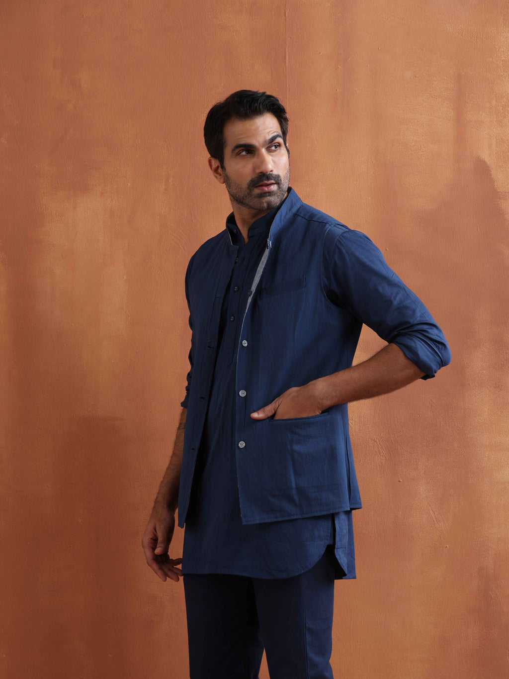 trueBrowns Men's Blue Chanderi Reversible Nehru Jacket | Grocsy