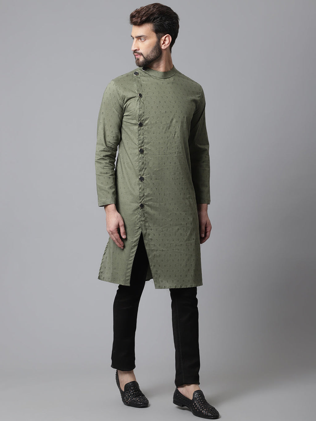 Even Apparels Green Sherwani Kurta With Asymetrical Cut | Grocsy