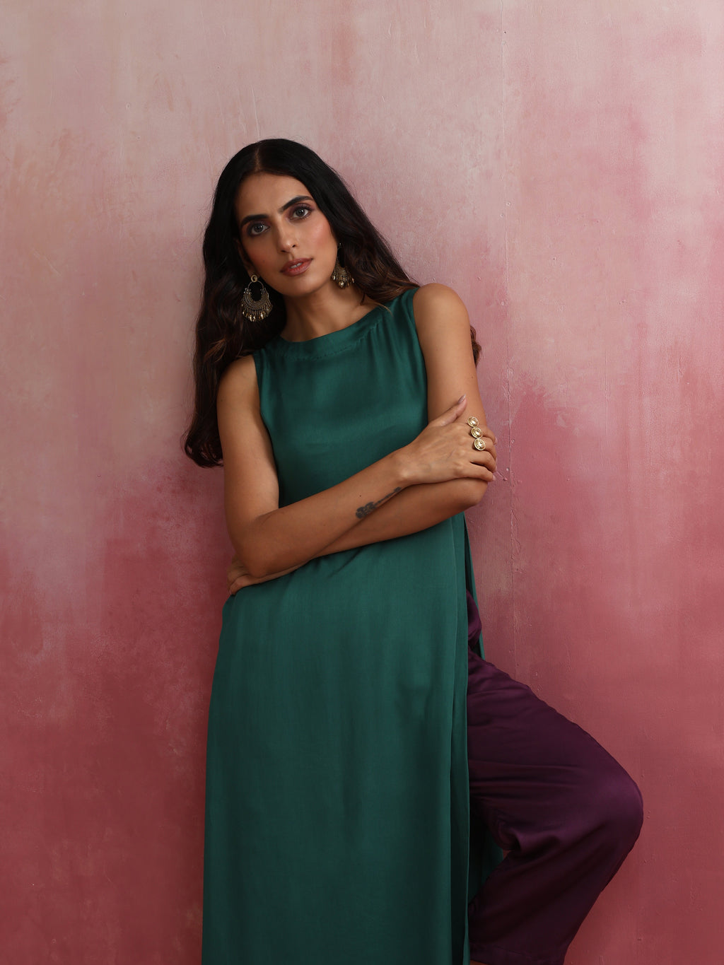 trueBrowns Green Modal High slit Kurta Set | Grocsy