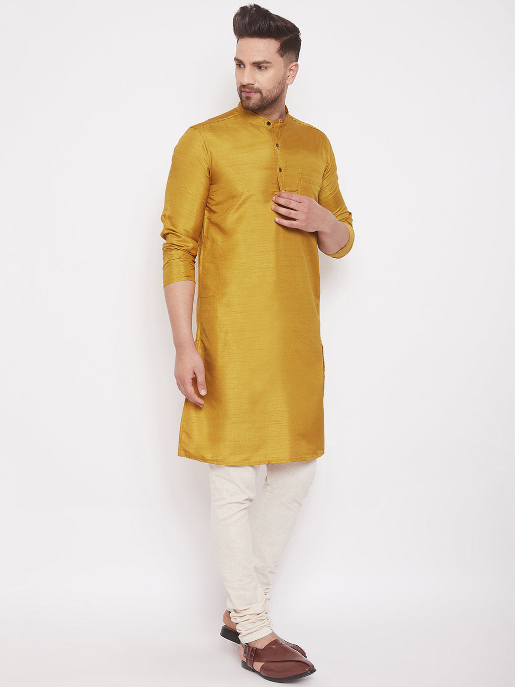 Even Apparels Mustard Yellow Pure Cotton Kurta With Band Collar | Grocsy