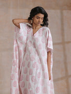 trueBrowns Pink Big Buta On White Print Cotton Panel Kaftan Kurta Pant Set | Grocsy