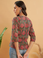 InWeave Women's Green Red Mughal Kalamkari Top | Grocsy